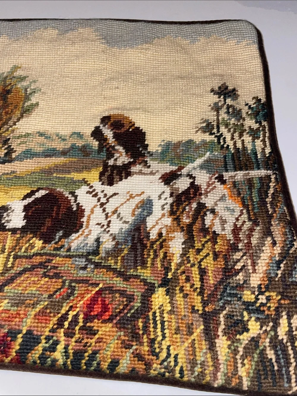 Needlepoint Hunting Scene Pillow Cover — Dogs in Field, Tan & Brown